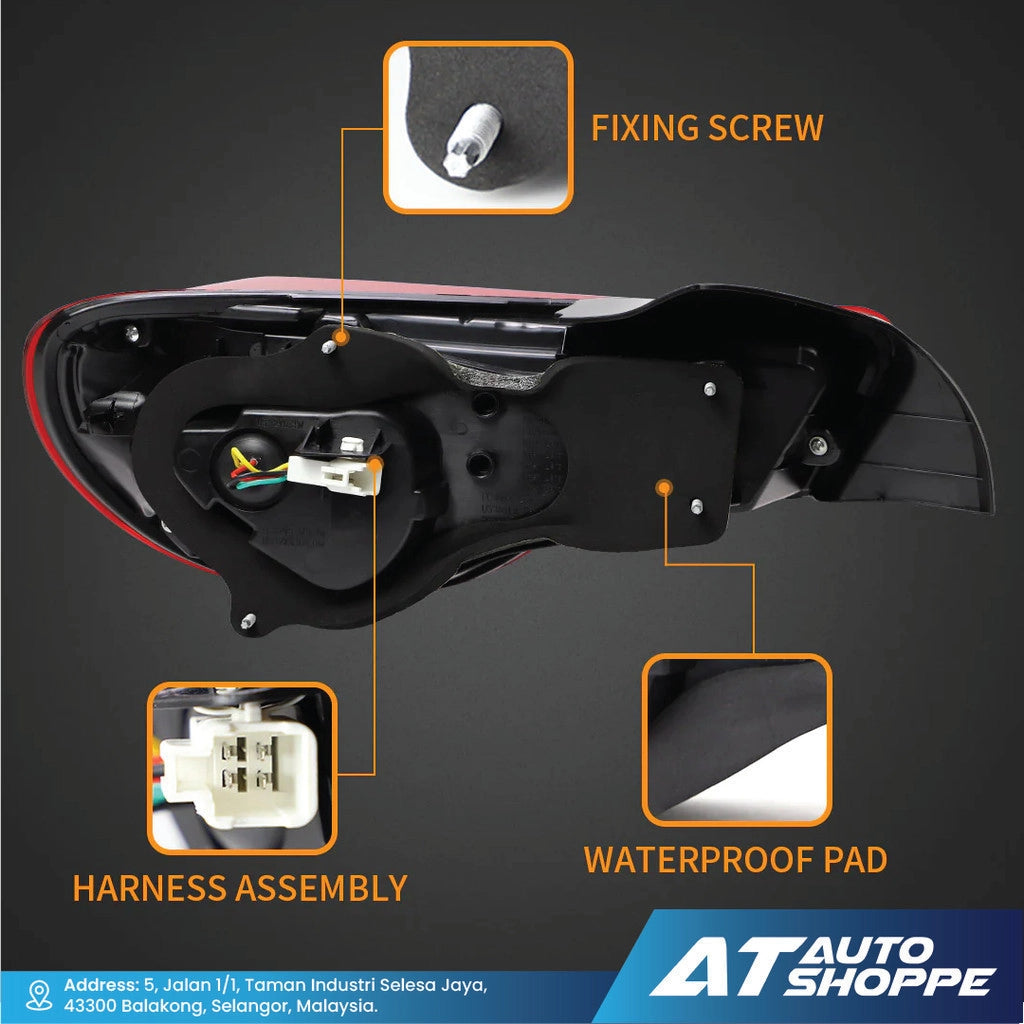 Car mirror assembly with labeled parts on a dark background, featuring fixing screw, harness assembly, and waterproof pad.