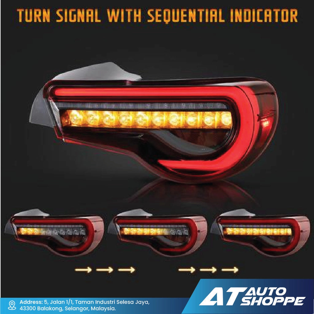 Car turn signal with sequential indicator on a dark background, featuring the brand 'AT Auto Shoppe'.