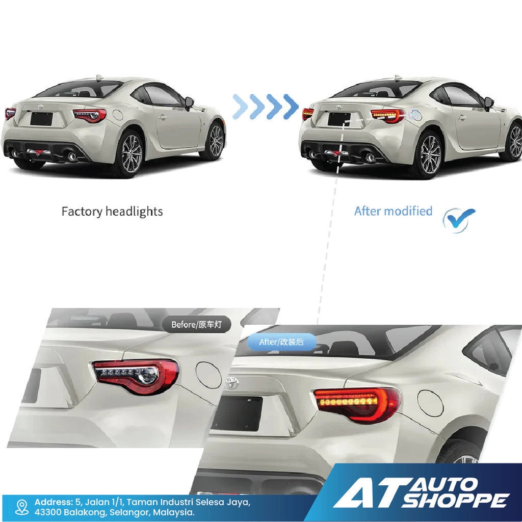 Before and after comparison of car headlights with AT Auto Shoppe branding.