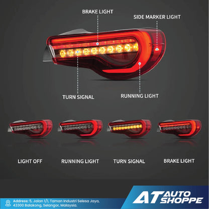 Vland tail light with labeled components on a dark background, featuring the AT Auto Shoppe logo.
