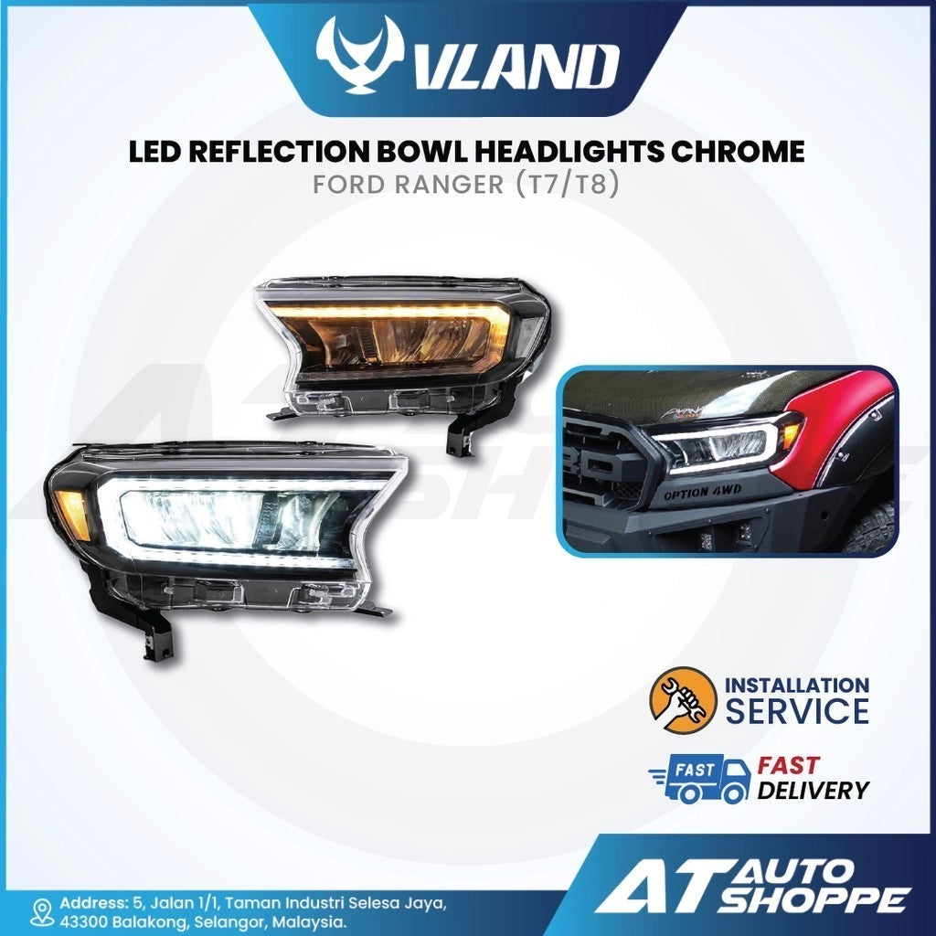 Vland LED reflection bowl headlights chrome for Ford Ranger with AT Auto Shoppe branding.