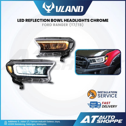 Vland LED reflection bowl headlights chrome for Ford Ranger with AT Auto Shoppe branding.
