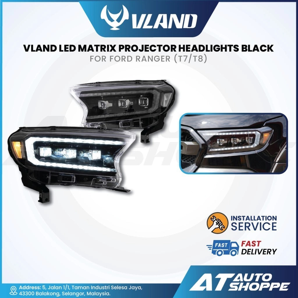 Vland LED Matrix Projector Headlights for Ford Ranger on a white background with Vland logo.