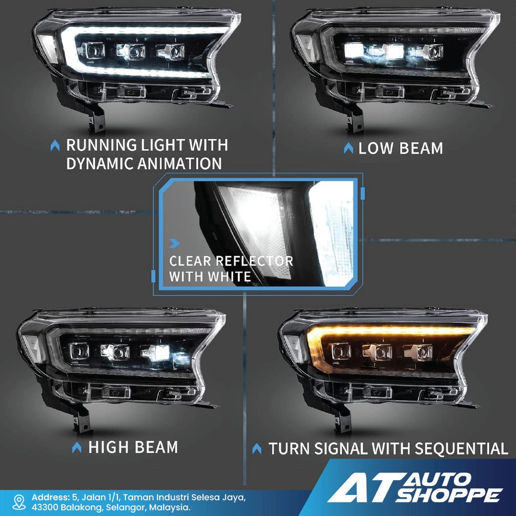 Headlight display with various lighting modes and AT Auto Shoppe branding.