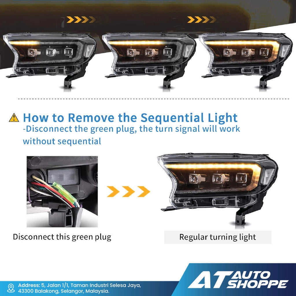 Instructions on how to remove sequential light from a vehicle headlight with AT Auto Shoppe branding.