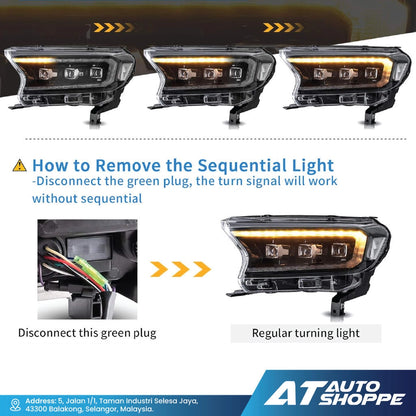 Instructions on how to remove sequential light from a vehicle headlight with AT Auto Shoppe branding.