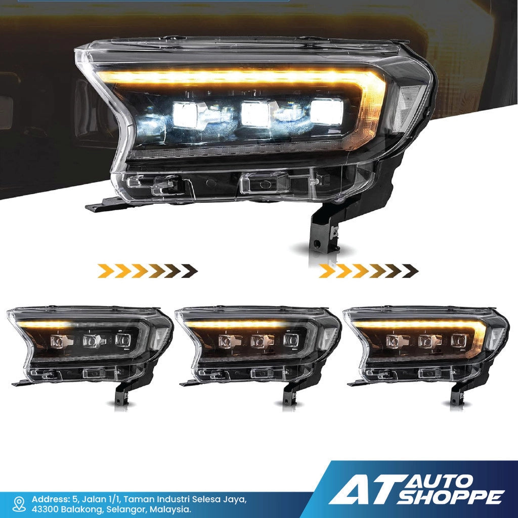 Automotive headlights with visible brand logo at the bottom right corner.