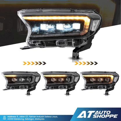 Automotive headlights with visible brand logo at the bottom right corner.
