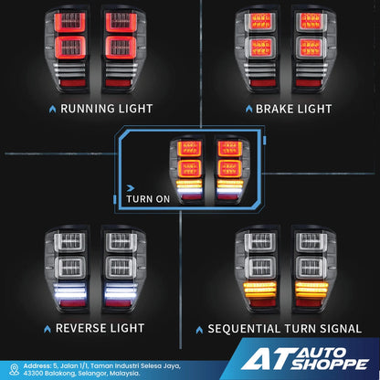 Illustration of car lights with labels for running light, brake light, reverse light, and sequential turn signal, featuring AT Auto Shoppe branding.