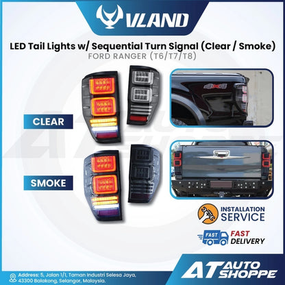 Vland LED tail lights with sequential turn signal for Ford Ranger, showing clear and smoke options.
