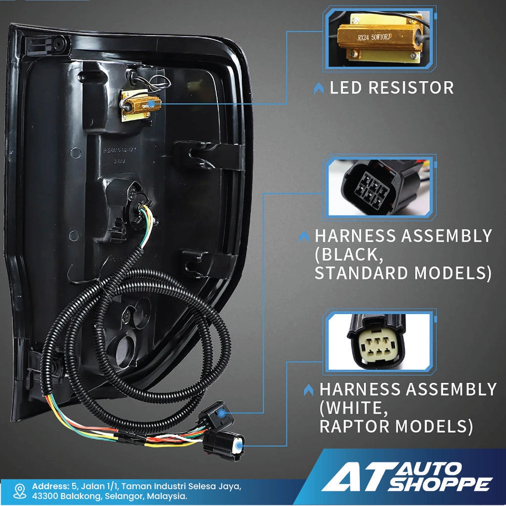 Wiring harness assemblyof Vland tail lamp parts and AT Auto Shoppe branding.