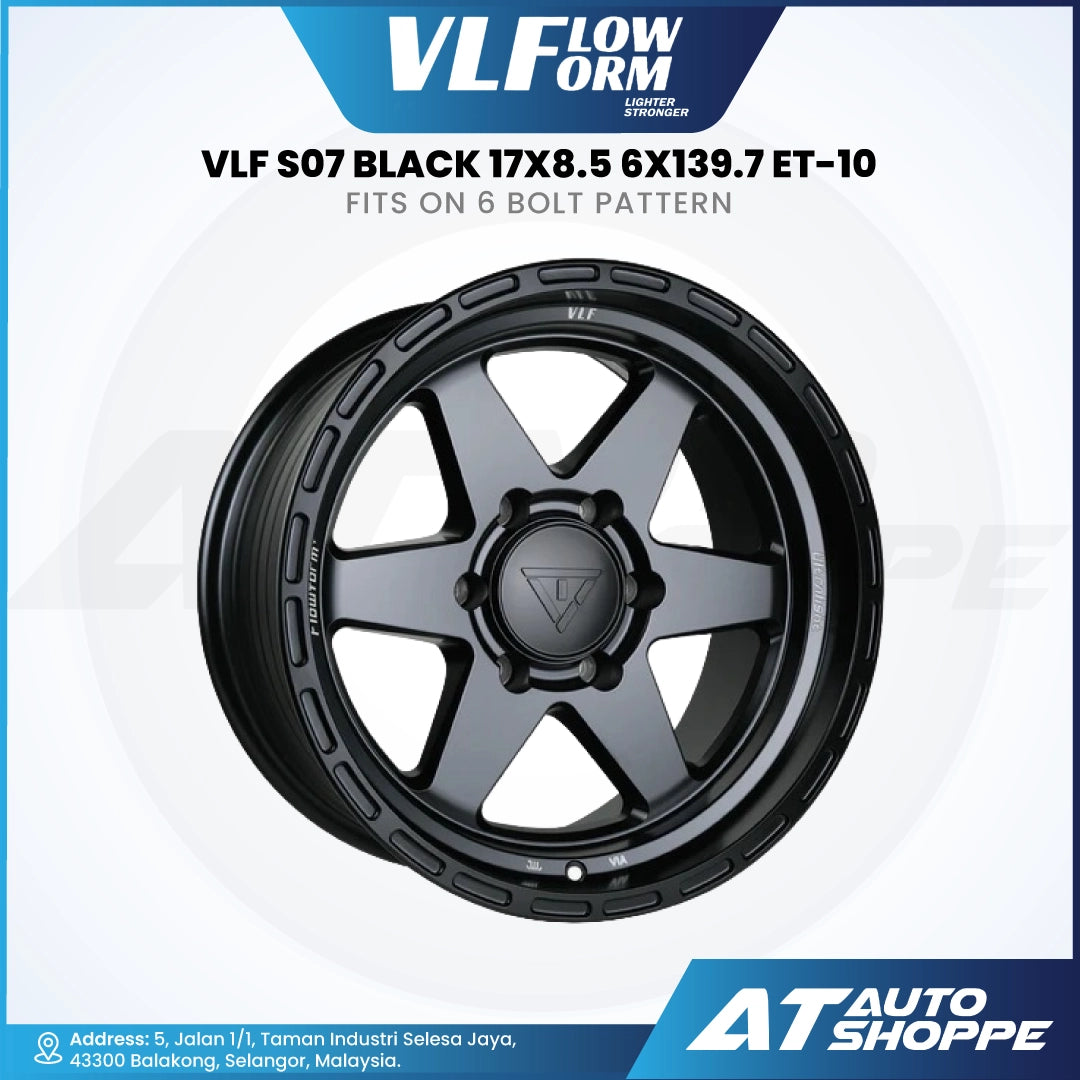 Black alloy wheel with specifications on a white background, featuring VLF Flow Form branding.