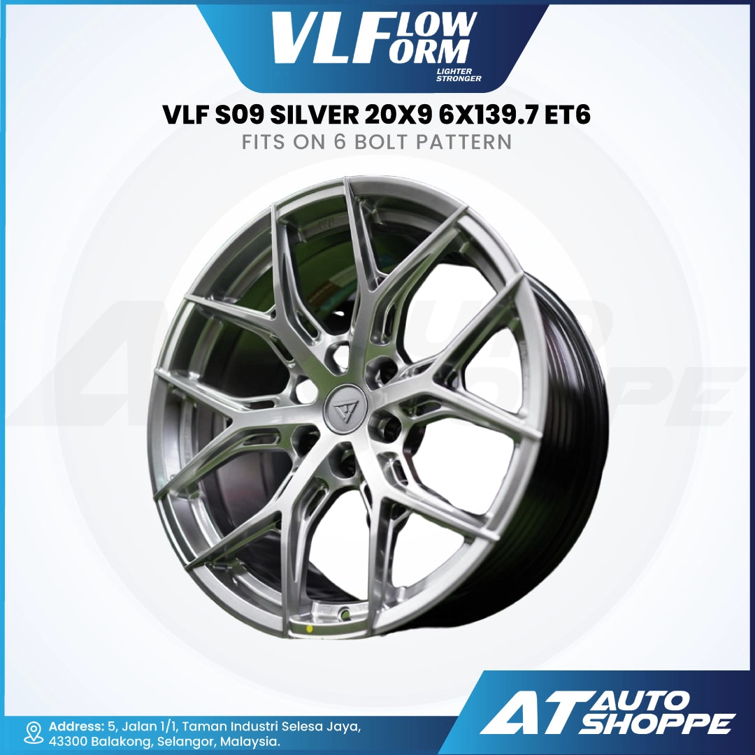 Car wheel rim with specifications on a white background, featuring VLF Flow Form branding.