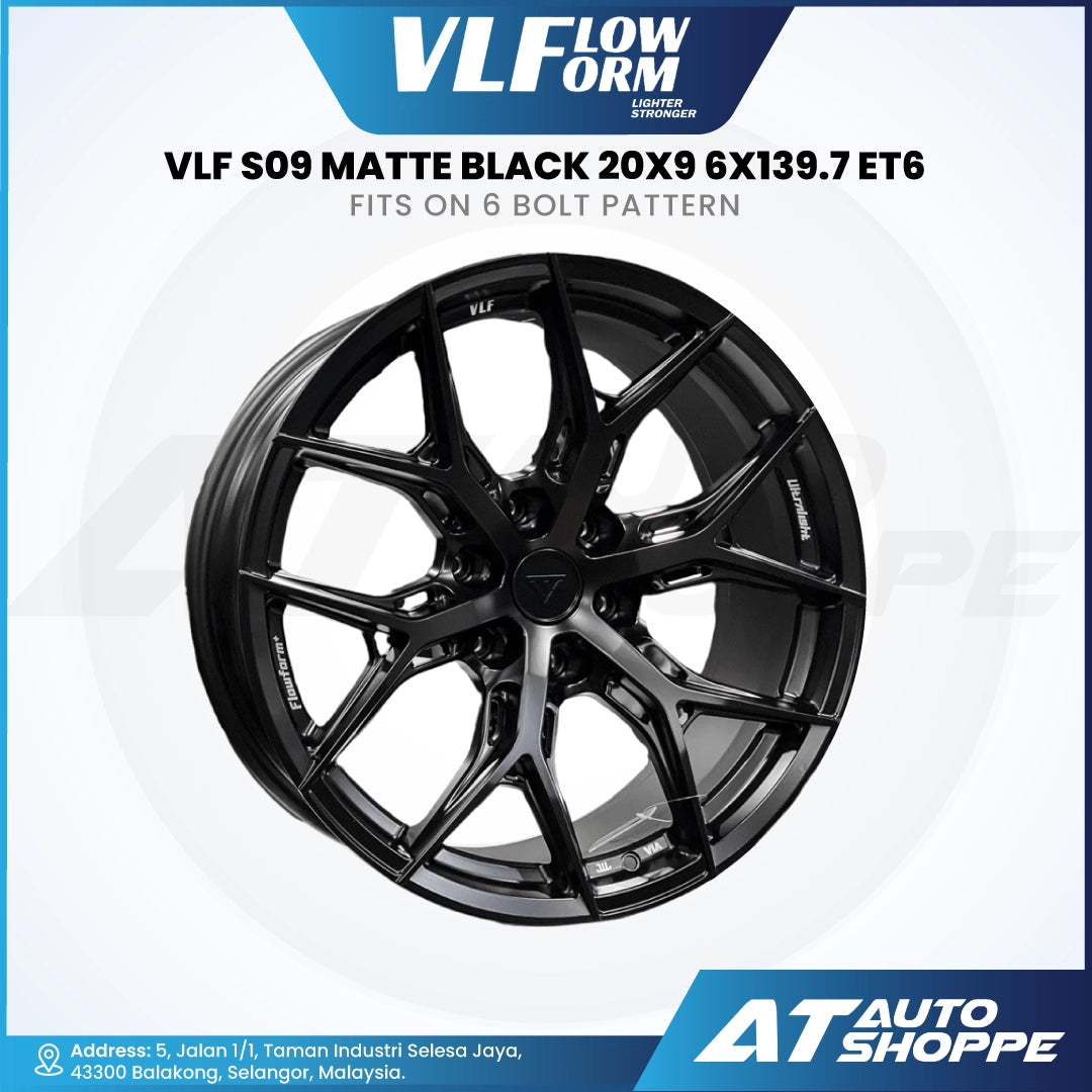 Black alloy wheel with specifications on a white background, featuring VLF Flow Form branding.
