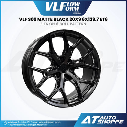 Black alloy wheel with specifications on a white background, featuring VLF Flow Form branding.