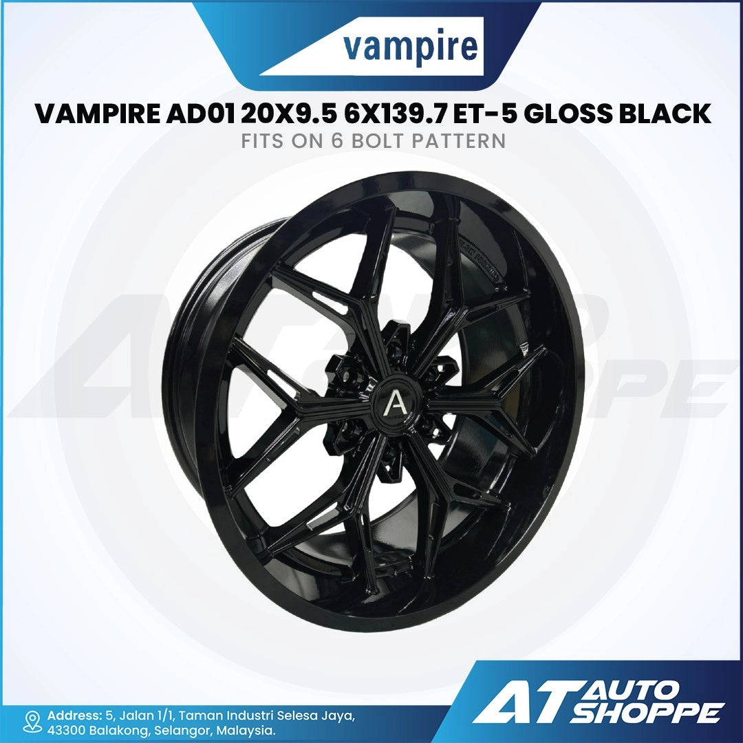 Gloss black wheel rim with 'vampire' branding on a white background