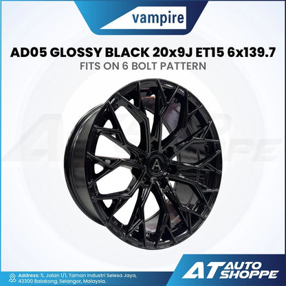 Vampire alloy wheel with specifications on a white background, featuring the brand 'vampire' and 'AT Auto Shoppe'.