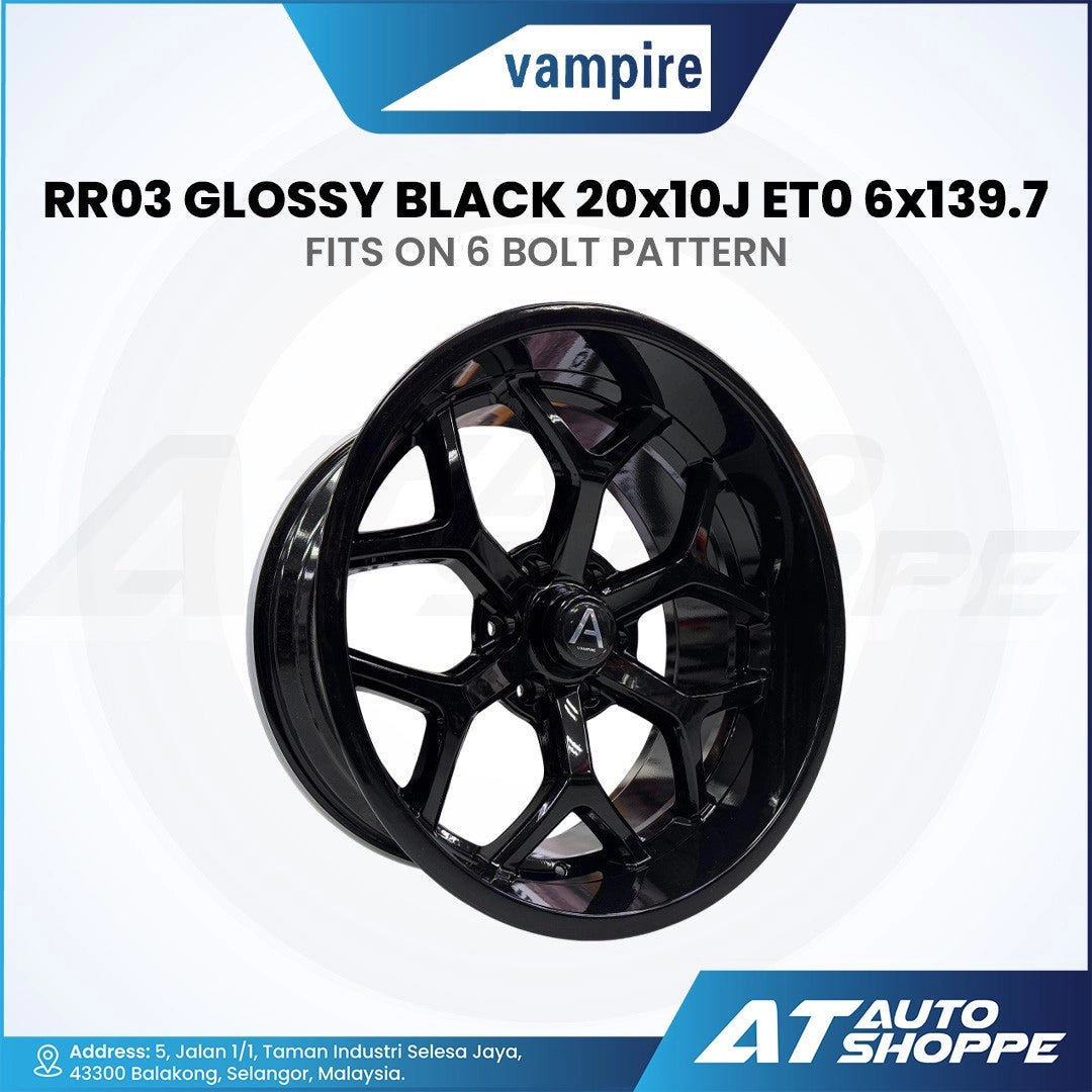 Vampire Glossy black rim with specifications on a white background, featuring the brand 'vampire' and 'AT Auto Shoppe'.
