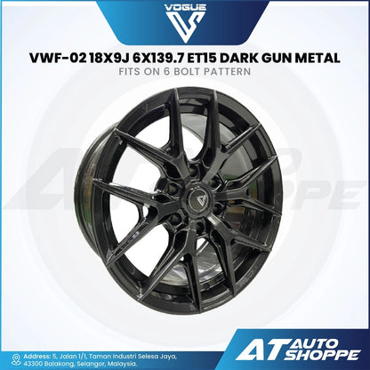Vogue dark gunmetal alloy wheel with specifications on a white background