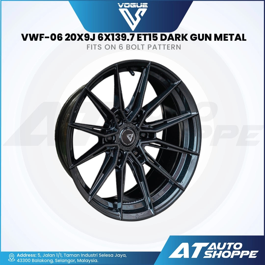 Vogue black alloy wheel with specifications on a white background, featuring the AT Auto Shoppe logo.