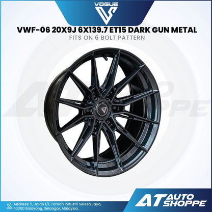 Vogue black alloy wheel with specifications on a white background, featuring the AT Auto Shoppe logo.