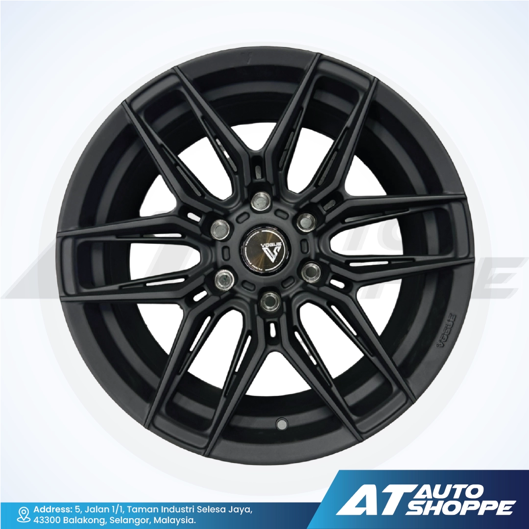 Vogue black alloy wheel on a white background with AT Auto Shoppe branding.