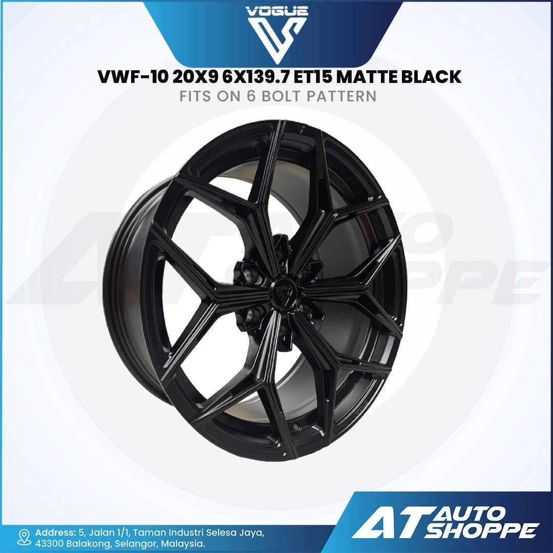 Black alloy wheel with specifications on a white background, featuring the Vogue logo and AT Auto Shoppe branding.