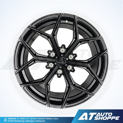 Vogue black alloy wheel with a detailed design on a white background, featuring the AT Auto Shoppe logo.