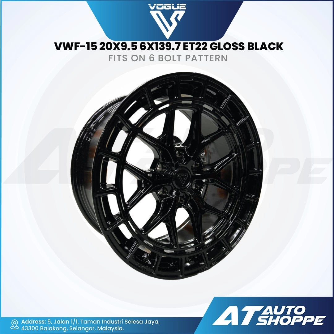 Vogue gloss black alloy wheel with specifications on a white background