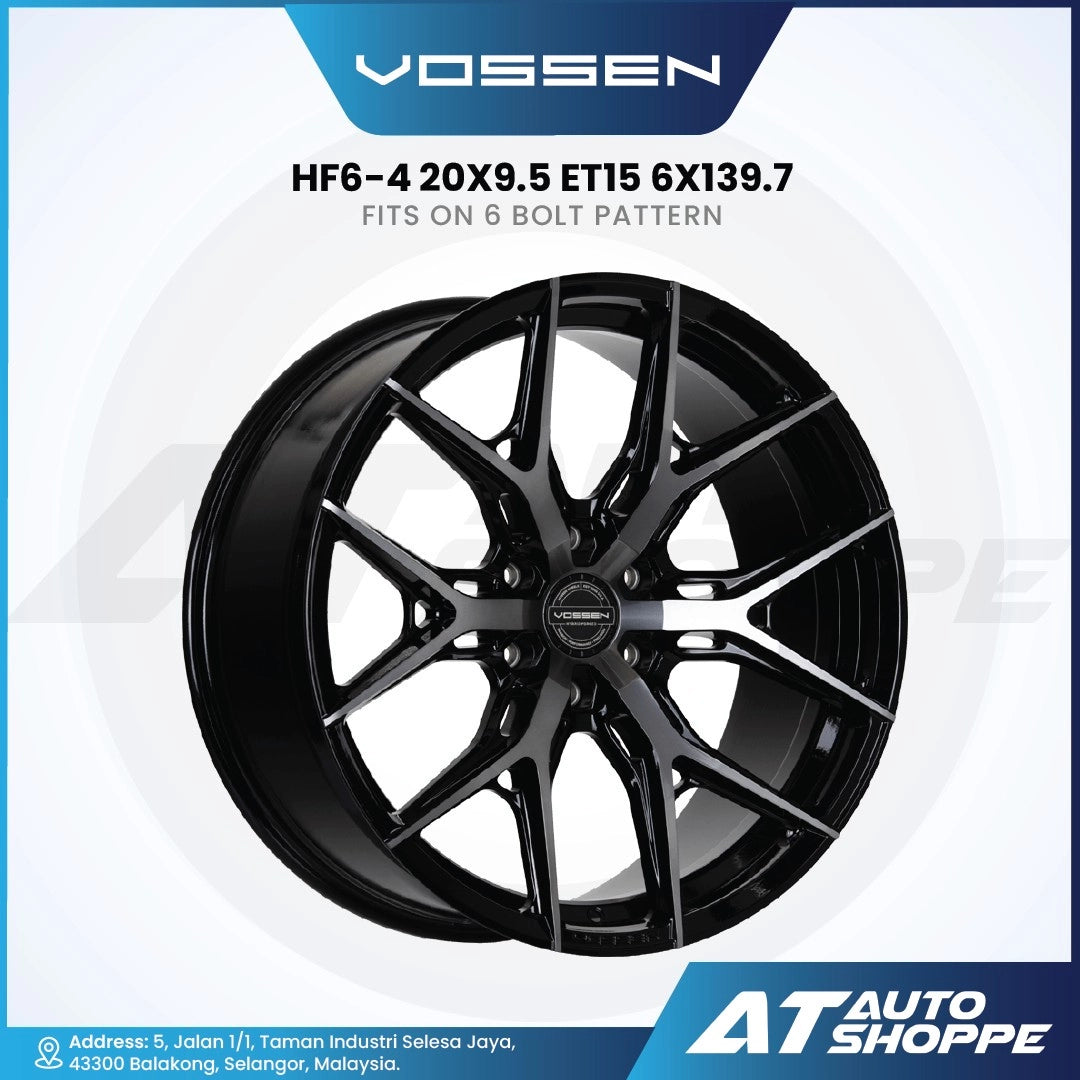 Black alloy wheel with specifications on a white background, featuring the Vossen logo.