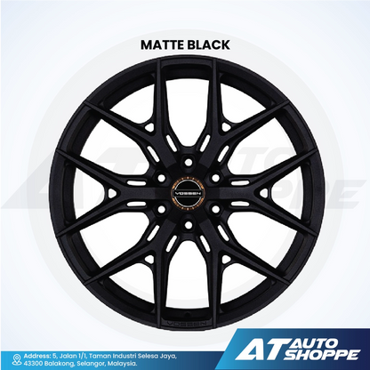 Matte black alloy wheel with 'AT Auto Shoppe' branding on a white background