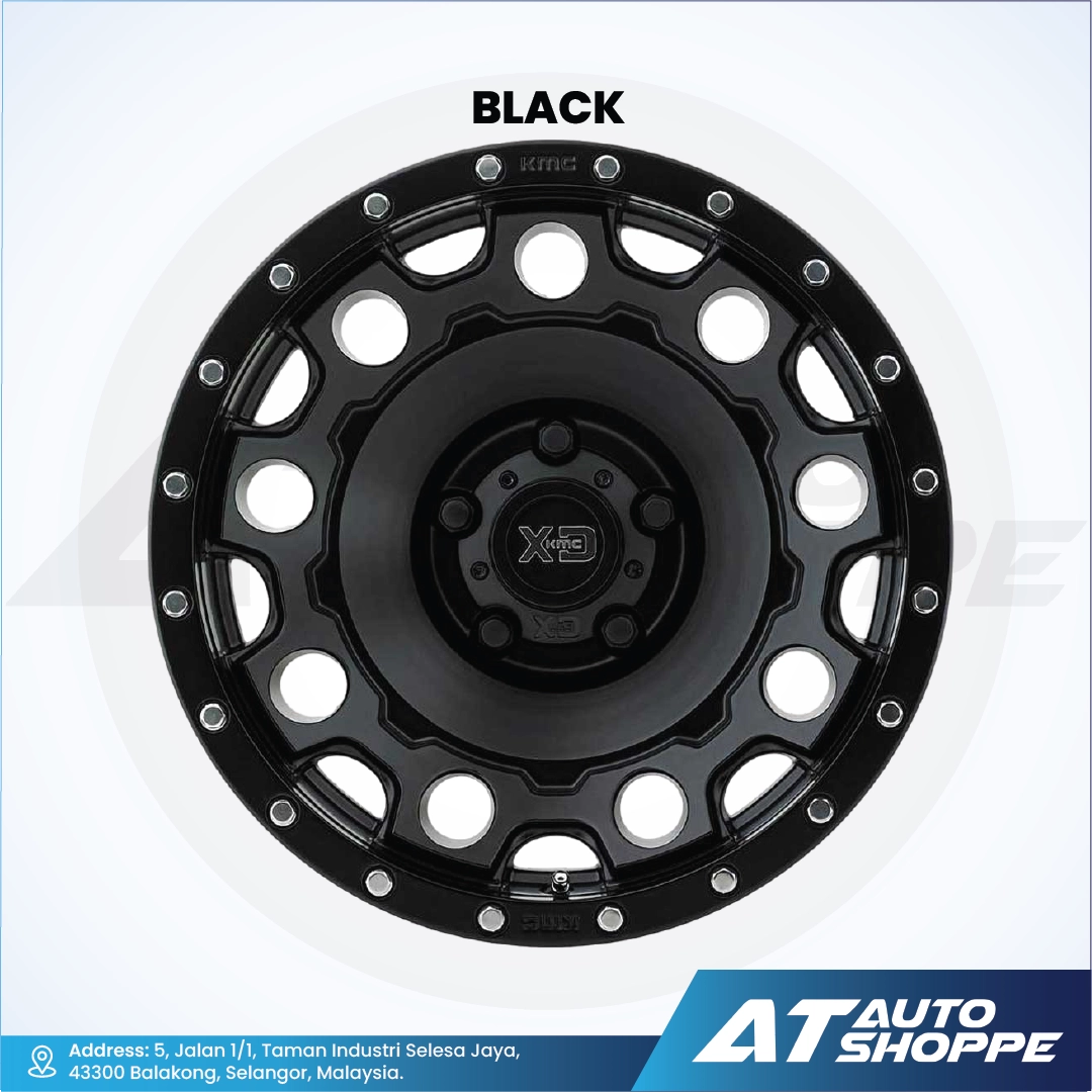 XD black alloy wheel with 'AT Auto Shoppe' branding on a white background