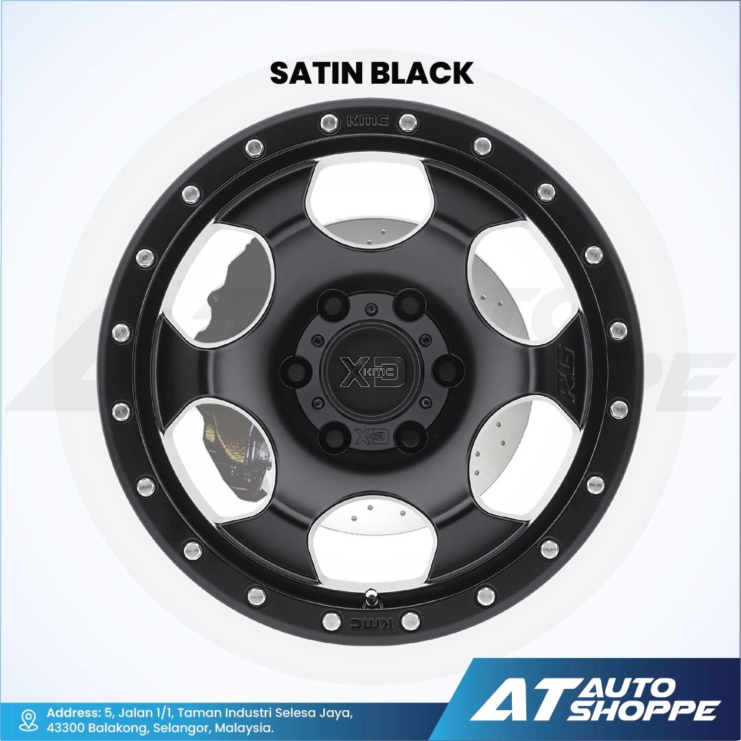 Satin black alloy wheel with 'AT Auto Shoppe' branding on a white background