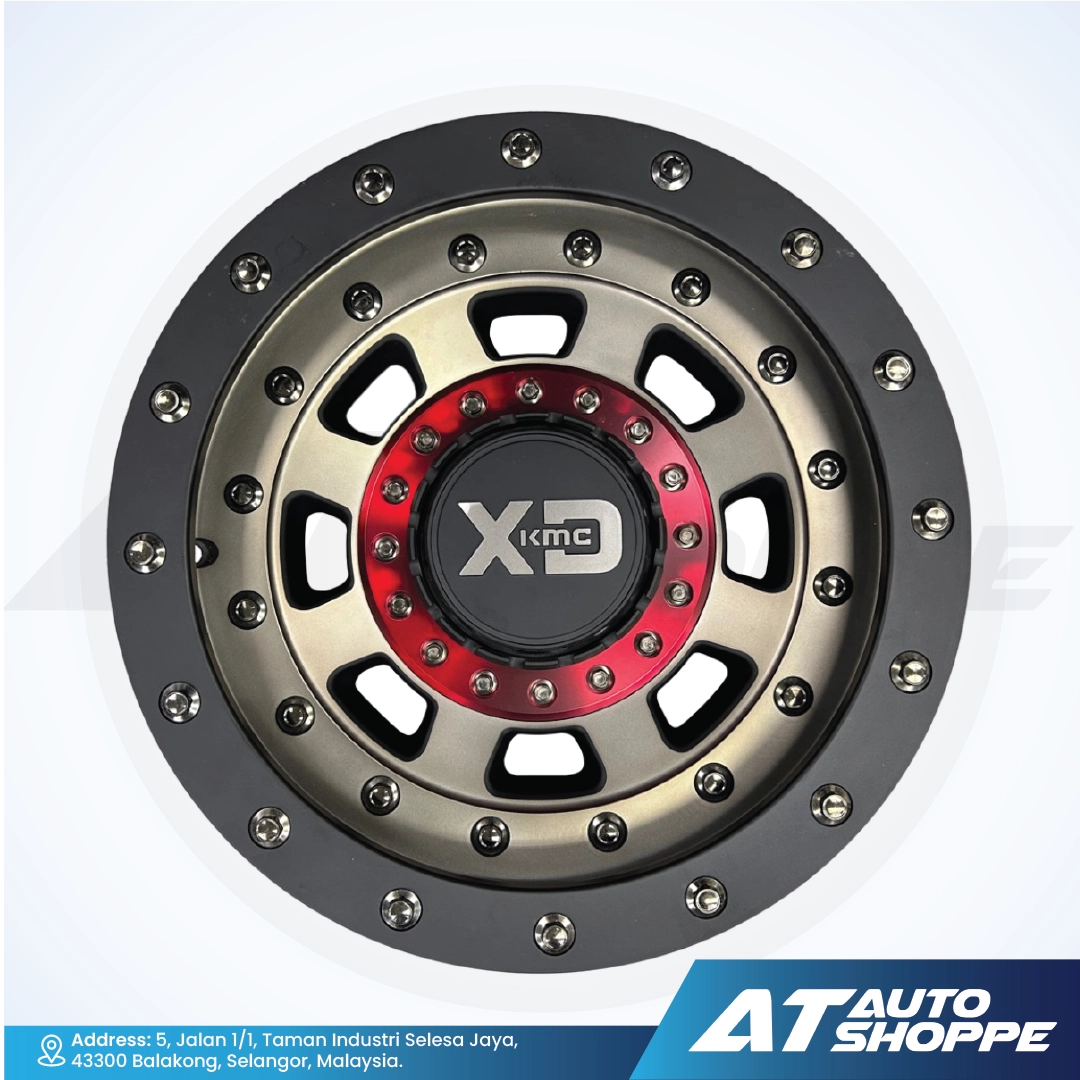 Metallic wheel rim with red and black center on a white background, featuring the XD logo.
