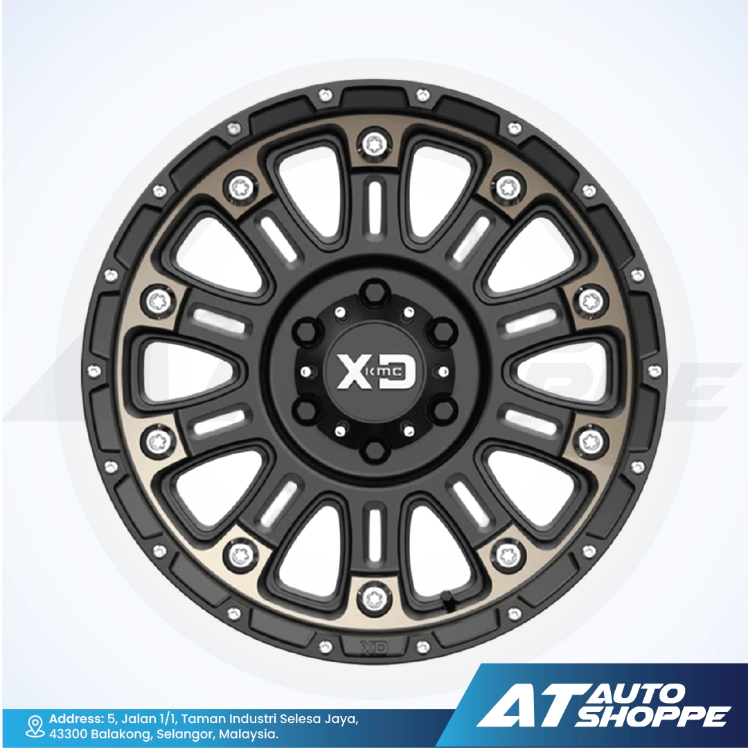 Car wheel rim with XD logo on a white background, featuring AT Auto Shoppe branding.