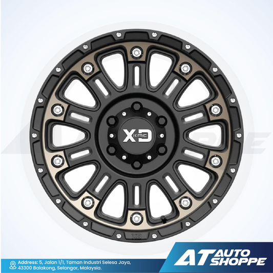 Car wheel rim with XD logo on a white background, featuring AT Auto Shoppe branding.