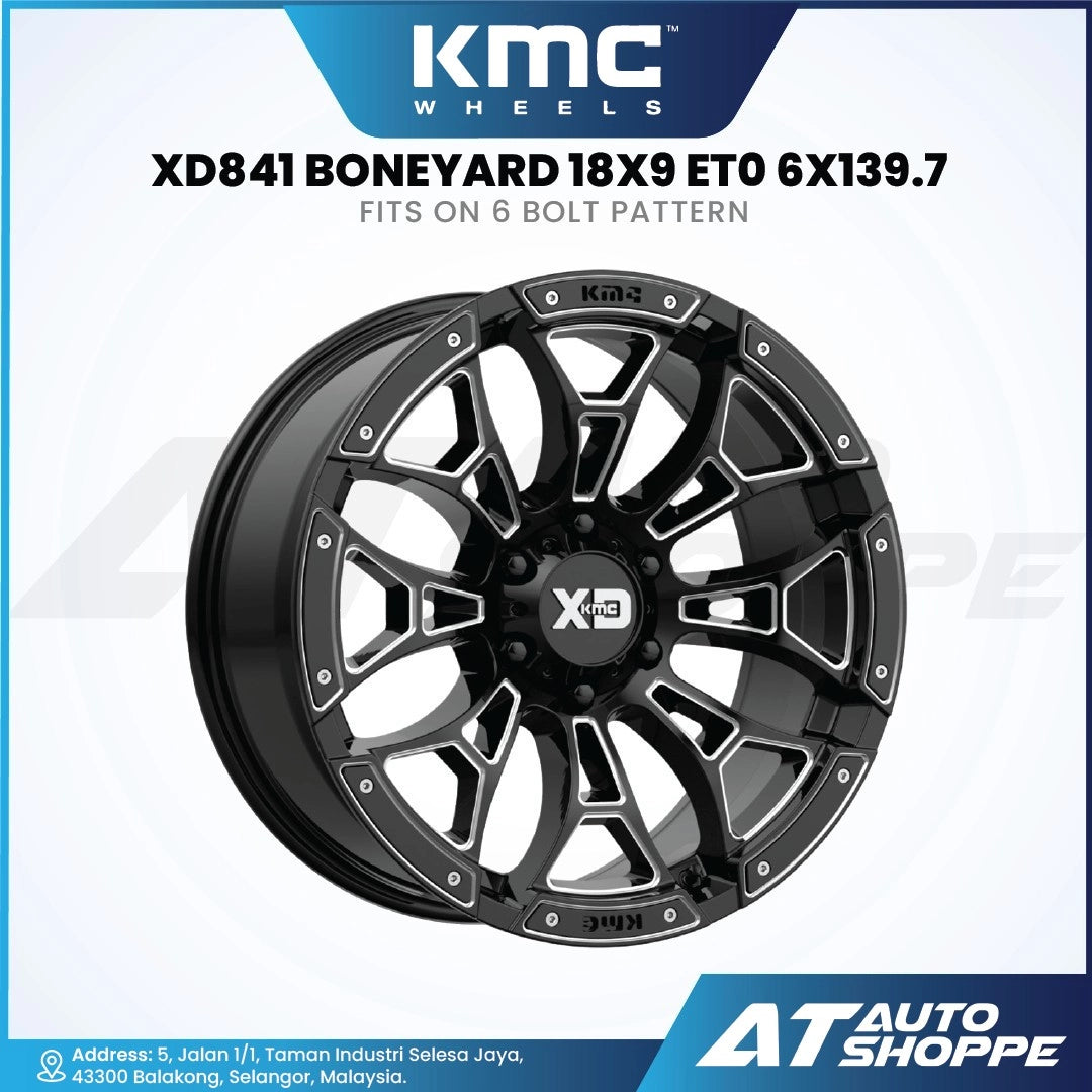 KMC XD841 Boneyard wheel on a white background with AT Auto Shoppe branding.