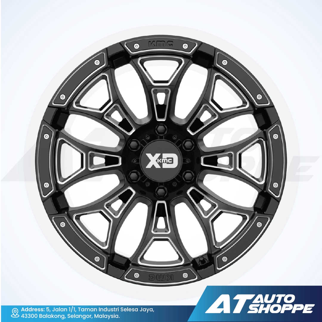 Black alloy wheel with XD branding on a white background, featuring AT Auto Shoppe logo.