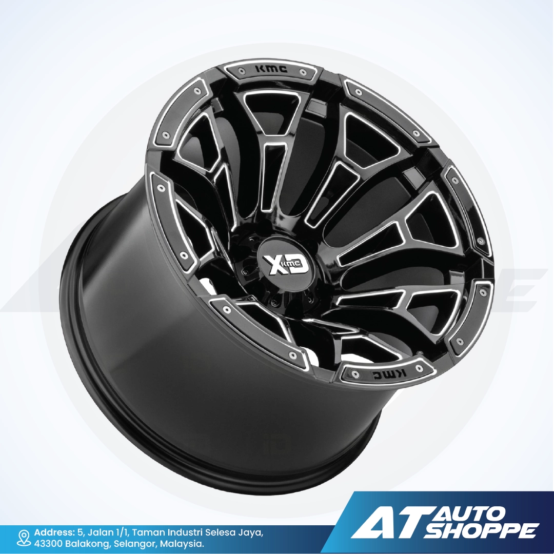 Black alloy wheel with XLine branding on a white background, featuring AT Auto Shoppe logo.