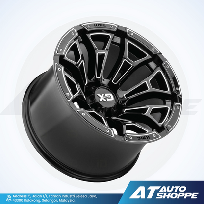 Black alloy wheel with XLine branding on a white background, featuring AT Auto Shoppe logo.