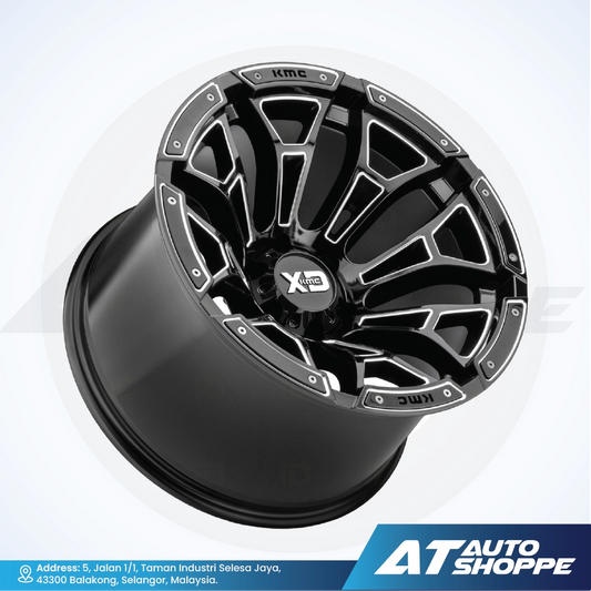 Black alloy wheel with XLine branding on a white background, featuring AT Auto Shoppe logo.