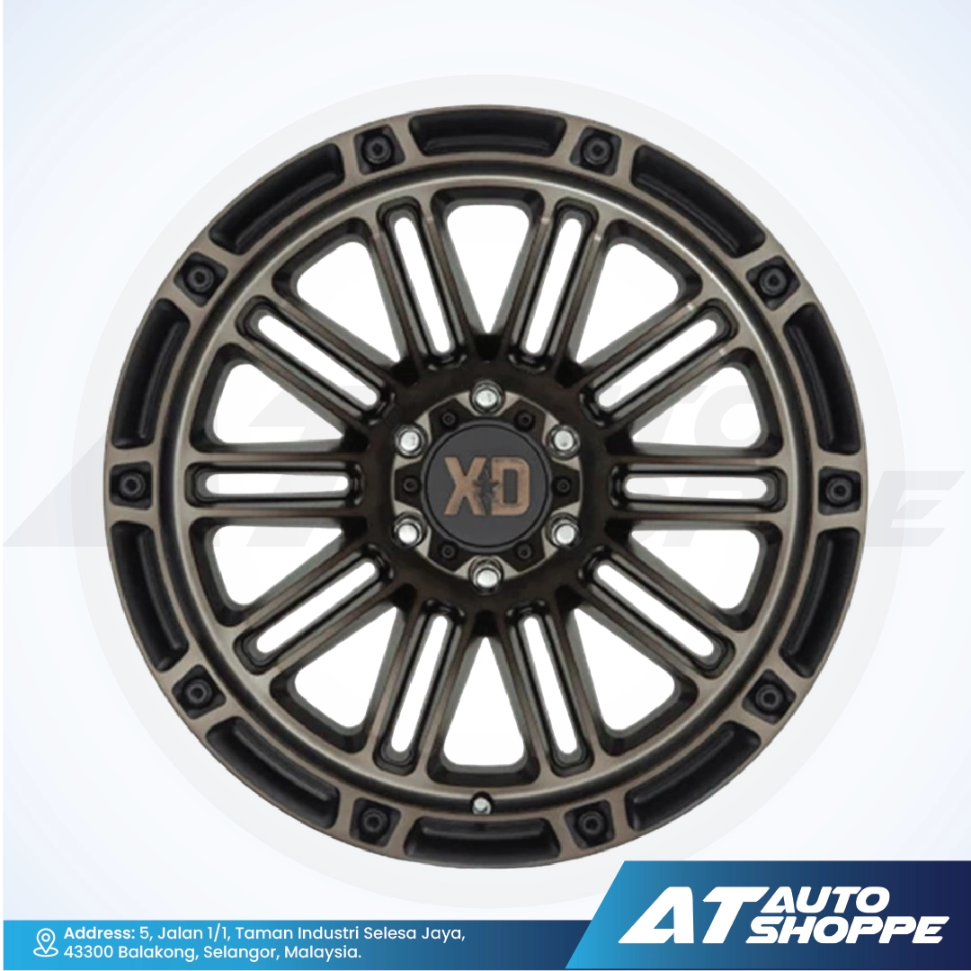 Car wheel rim with 'XD' logo on a white background, featuring AT Auto Shoppe branding.