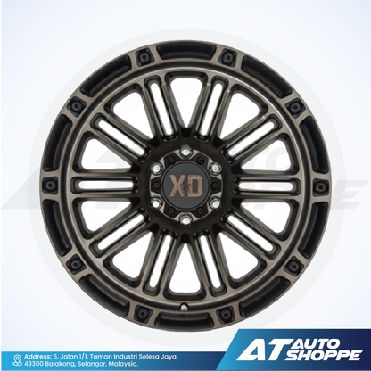 Car wheel rim with 'XD' logo on a white background, featuring AT Auto Shoppe branding.