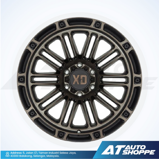 Car wheel rim with 'XD' logo on a white background, featuring AT Auto Shoppe branding.