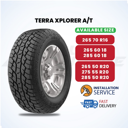 Terra Xplorer A/T tire with available sizes and installation service details on a white background