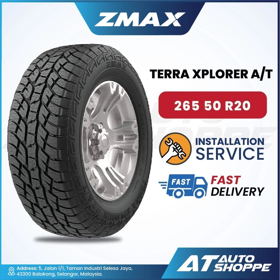 ZMAX Terra Xplorer A/T tire with installation service and fast delivery icons on a white background