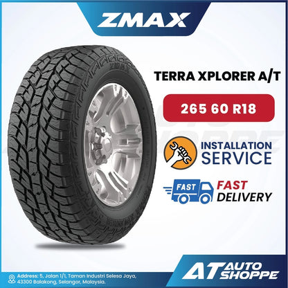 ZMAX Terra Xplorer A/T tire with installation service and fast delivery icons on a white background