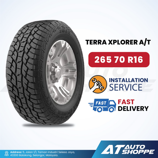 Terra Xplorer A/T tire with installation service and delivery information on a white background