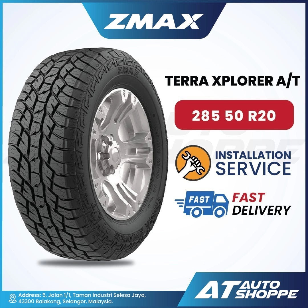 ZMAX Terra Xplorer A/T tire with installation service and delivery information on a white background
