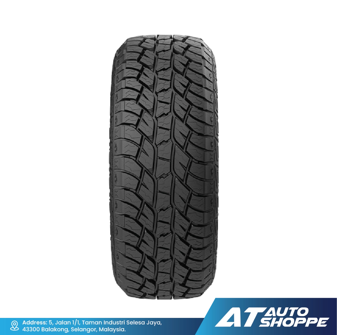 Tire with tread pattern on a white background, featuring AT Auto Shoppe logo.
